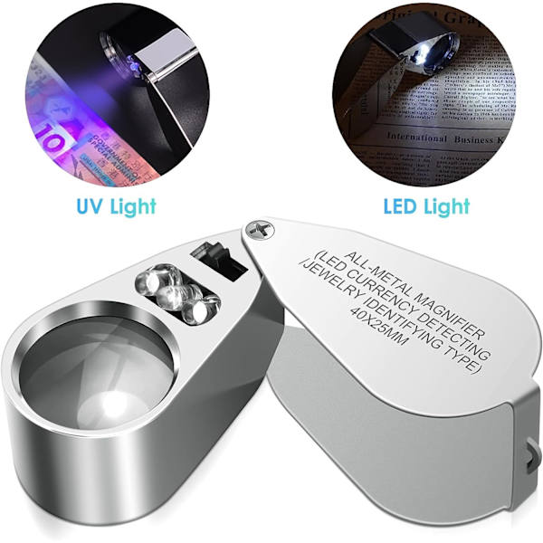 40X Juvelerforstørrelsesglas, LED/UV-belyst Smykke Loop Lommefoldbar Forstørrelsesglas med Metal Konstruktion