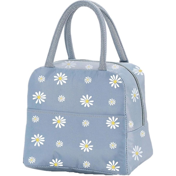 Isolerad Lunchväska, Bärbar Termisk Lunchväska Kylare Väska Daisy Mönster Lunchbox Organiser Tote Väska Arbete Skola Picknick Camping Resa (grå Blå)