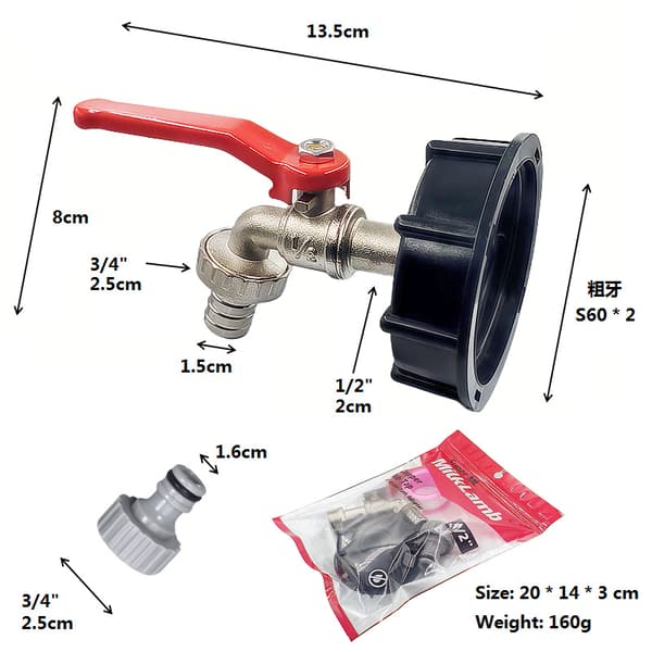 1/2x3/4 Trädgårdsarbete Zinklegering Kran iBC Ton Barrel Adapterlock Zinklegering Kran Set