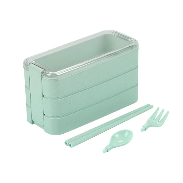Stackbar Bentolåda, Lunchlåda-set med Sked & Gaffel, 3-i-1 Fack, Vetehalm Matlåda Light green