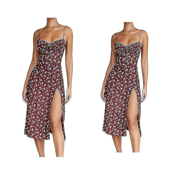 2 stk Sommer Dame Split Kjole Blomster Slips Foran V-hals Elegant Sexy Mode Dame Spaghetti Bælte