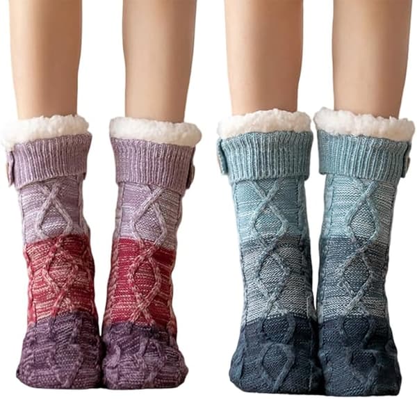 2 par strikkede, bløde sokker til kvinder, vintervarme, komfortable, med sherpa-for, bløde, fluffy sovesokker