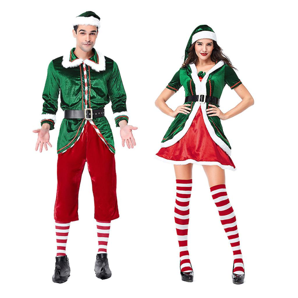 Dame Sexy Christmas Green Elf Julenissen Cosplay Costume Voksen Par CostumeXL