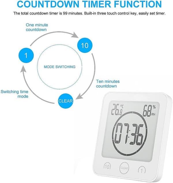 2024 Waterproof Shower Clock, Touch Shower Clock (White)