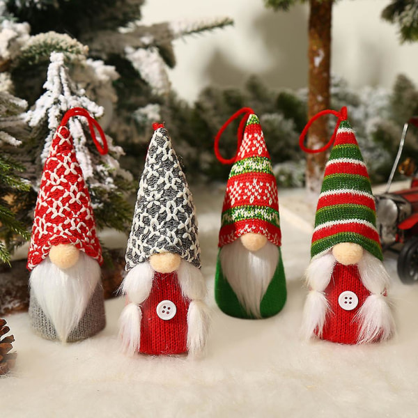 Juletrær Hengende Nisse Ornamentsett med 4 Svenske Håndlagde Plysj Nisse Julenisse med LED-lys Hjem Ornament Feriedekor