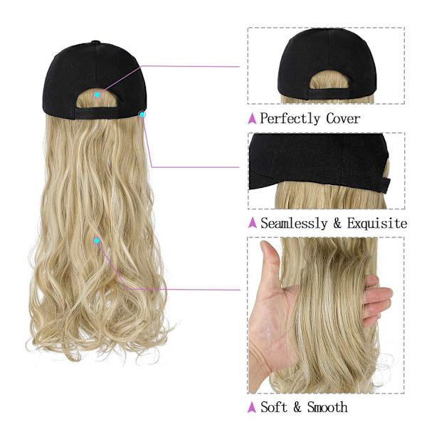 Hårforlengelser for kvinner Justerbar hatt med syntetisk parykk festet 20 tommer langt bølget hår Svart baseballcaps (Askeblond blanding bleket blond)