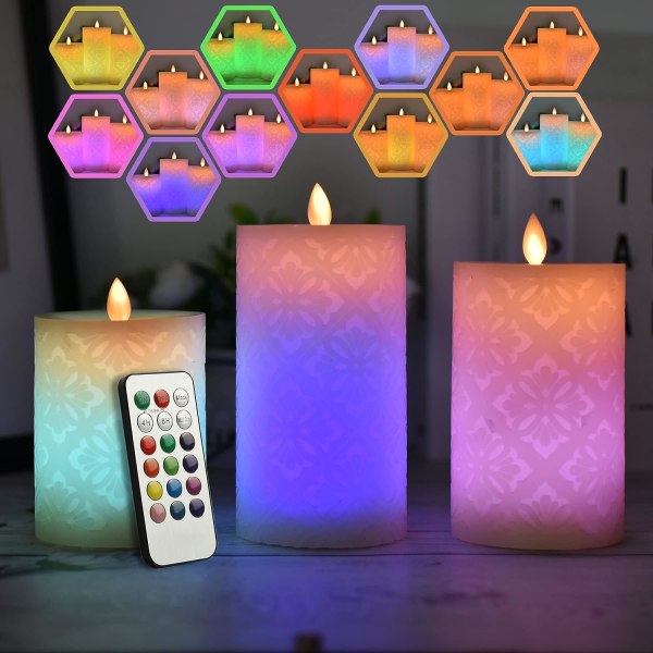 3 st flamlösa ljus med 18-knapps fjärrtimer, realistiskt färgskiftande LED värmeljus, batteridrivet ljus som blinkar