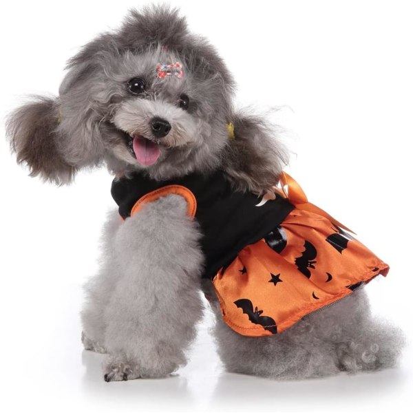 Hundekjole for Halloween-tema med spøkelse og flaggermusmønster, skjørt for små og mellomstore hunder og katter, cosplay (S)