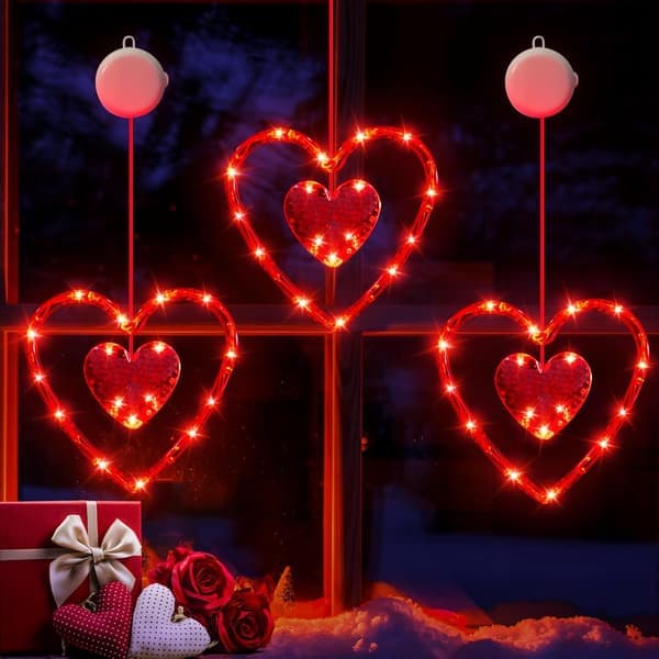 Valentine's Day Window Lights 3-Pack Timer Battery Hanging Heart Silhouette Suction Cup [Ho]