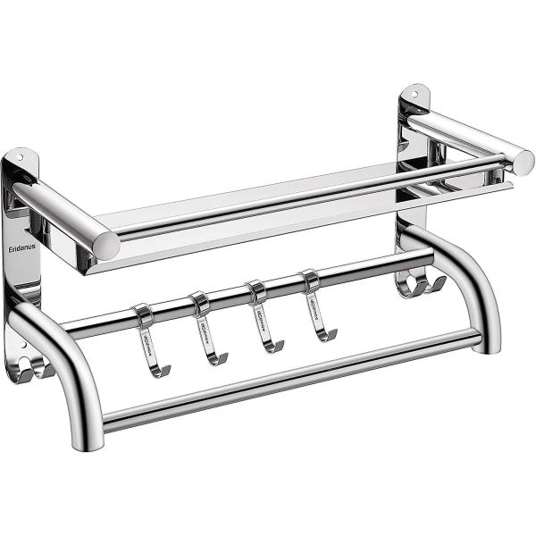 Sus304 Stainless Steel Towel Rack, Brushed Stainless Steel Bathroom Shelf, Foldable Towel Rack With Hooks, Shelf, Hotel Style (40 X 19 X 15cm)