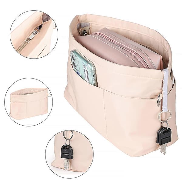 Handbag Organizer, Nylon Bag Organizer with Keychain, Inner Pockets, Waterproof for Handbag Organizer, Beige, M