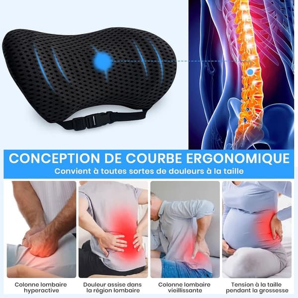 Car Lumbar Pillow, Lumbar Support Cushion for Office Chair and Car Seat, Back Support Pillow with Adjustable Strap, for Home, Office, Car (Black)
