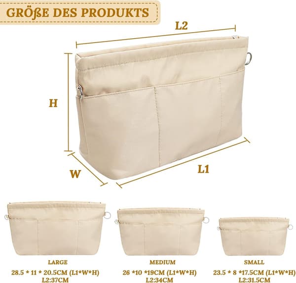 Felt Handbag Organizer - Bag Insert with Keychain and Inner Pockets - Beige L Size Bag Organizer m