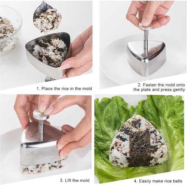 Triangulær Onigiri Form, Sushi Risbolleform, Sushi Form i Rustfrit Stål, Non-Stick Risbolleform, Onigiri Formpresse, Sushi Form Sæt til DIY Risboller