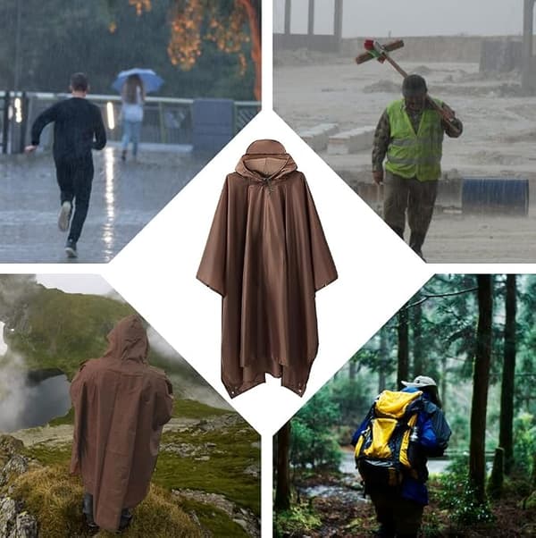 Vandtæt Let Genanvendelig Regnponcho med Hætte og Opbevaringspose til Vandring Camping Udendørsarbejde One Size Brun