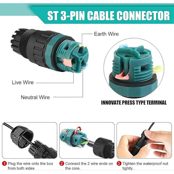 Sæt med 4 IP68 Vandtætte Elektriske Stik - 3-polet Vandafvisende Stik til 5-12 mm Kabeldiameter, Udendørs Vandafvisende Forbindelsesboks [DB]