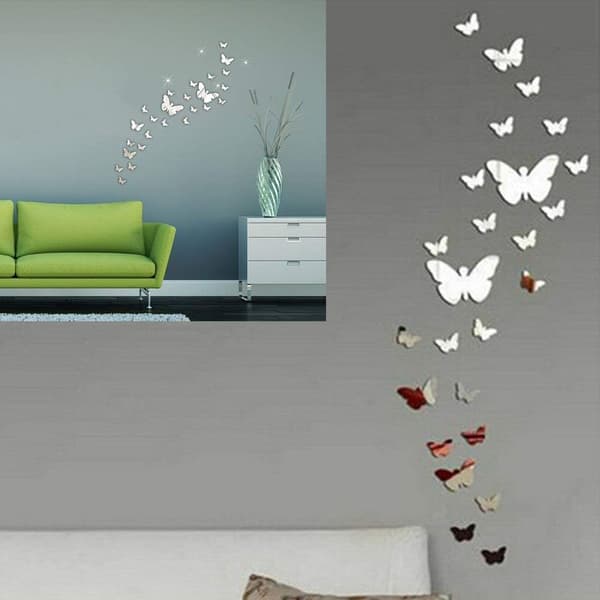 Butterfly Wall Stickers, 25 Pcs 3D Silver Acrylic Butterfly Mi