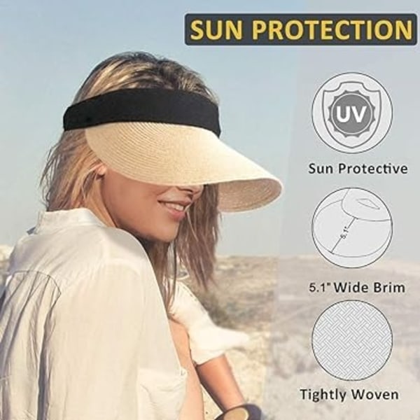 Beige stråhatt med bred brem for kvinner - Solskjerm for sommeren, anti-UV, solhatt for utendørs, beanie, reise, sykling, strandhatt