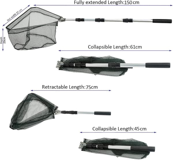 Foldable Fishing Net, 150 cm Long Telescopic Handle, 4-Section Aluminum Alloy Pole/Triangular Nylon Mesh