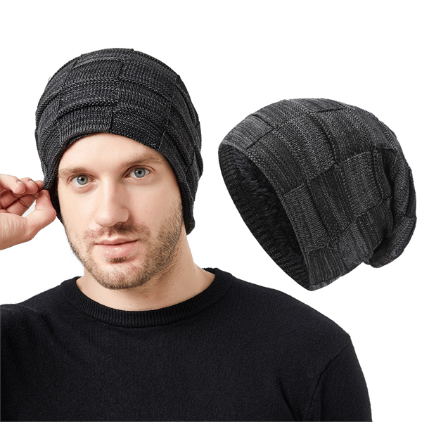 Hatt herre vinter strikket hatt pluss fløyel ørebeskyttelse høy brem pullover hatt