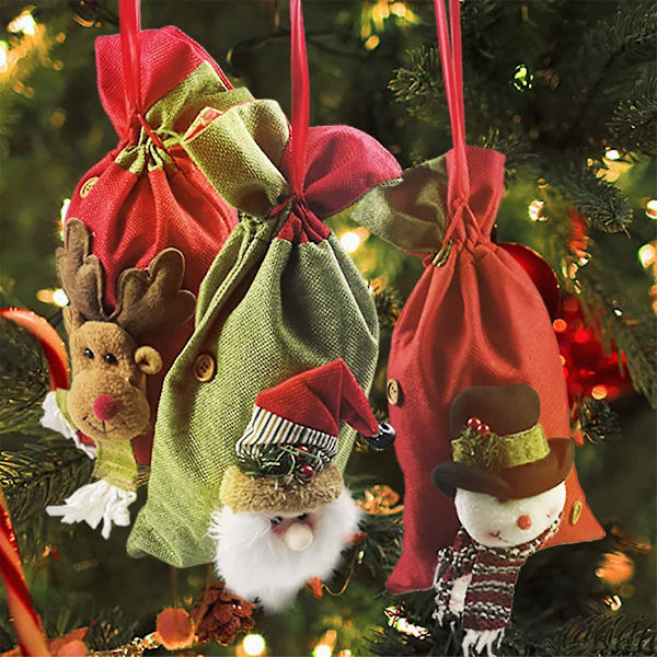 3-pack Jultomtar Säckar Dragkedja Julklappspåsar 3D Design Tyg Godispåsar För Julfest Tillbehör 15 X 8 Tum
