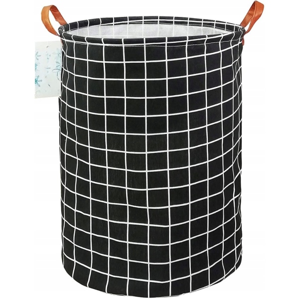 Tyk vasketøjskurv - med slidstærkt læderhåndtag, vandtæt rund bomuldslinned sammenfoldelig opbevaringskurv (sort L)