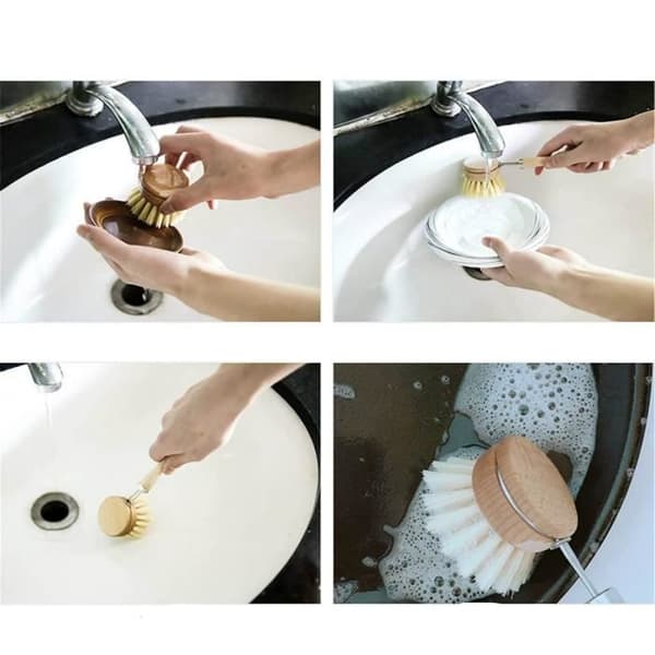 Kitchen Dish Brush, Long Handle Dish Brush, Wooden Cleaning Brushes with 3 Replaceable Heads - 1 Set