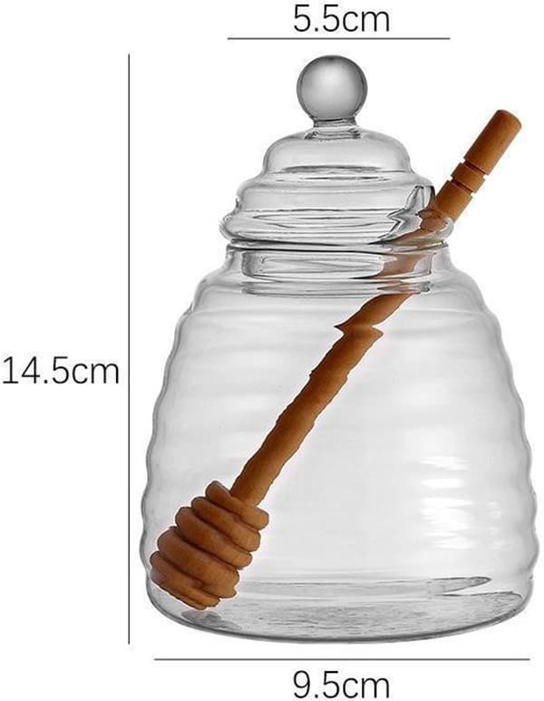 Glass Honey Jar with Dipper and Lid, Borosilicate Syrup Dispenser for Tea, Breakfast, and Kitchen Table, Clear, 500 ml