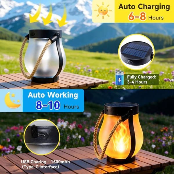 Solar Lamp - PZCC - Flickering Flame Lantern - Dual USB/Solar Charging - Dusk Sensor - 2-pack