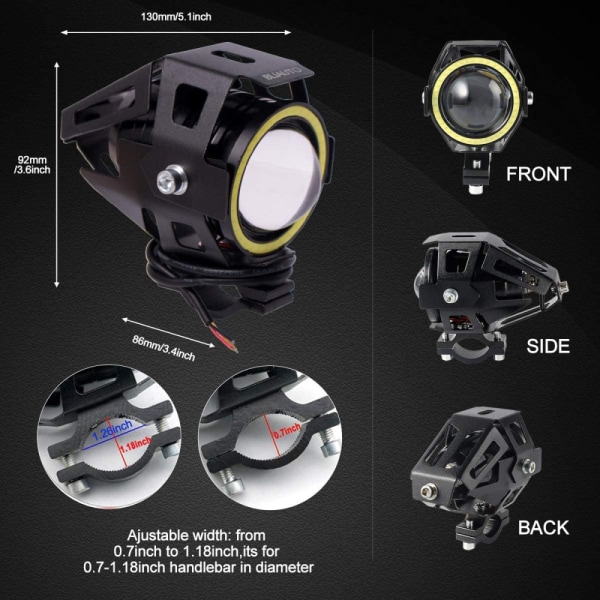 LED Ekstralys Motorsykkel Tåkelys Gult, U7 Runde Tåkelys Bil Motorsykkel Frontlykt 1 Modus 12V 24V Universal LED