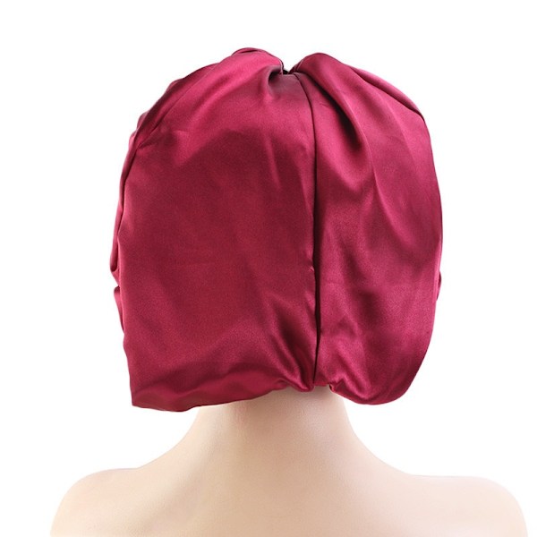 Turbanhatt i Mjukt och Elastiskt Material, Långt Hår, Stor, Andningsbar, Silkeslen, för Sovning (Vinröd)