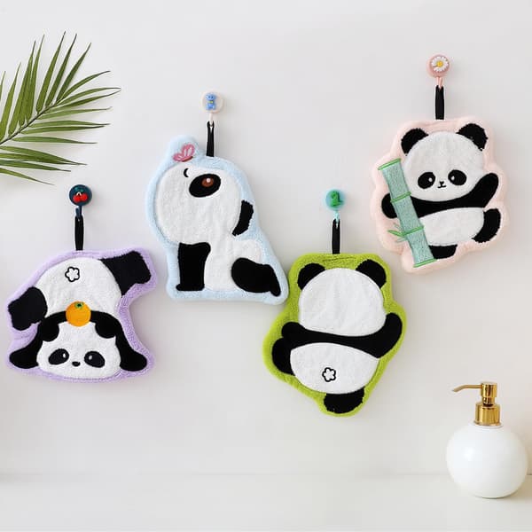 Søde Panda Håndklæder Sæt med 4 Bløde Absorberende Sjove Dekorative Mikrofiber Koral Fløjl Hængende Vaskeklude til Badeværelse (Multi)