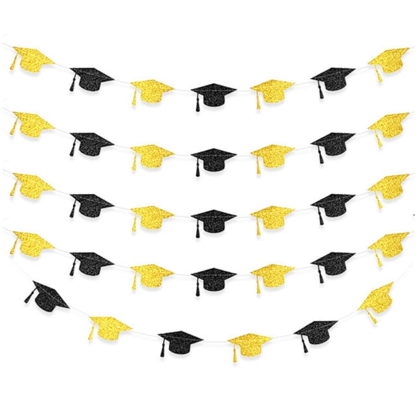 Hengende Bannersett for Graduation, Gull og Svart Glitter Graduation Cap Banner for Graduation - 4m