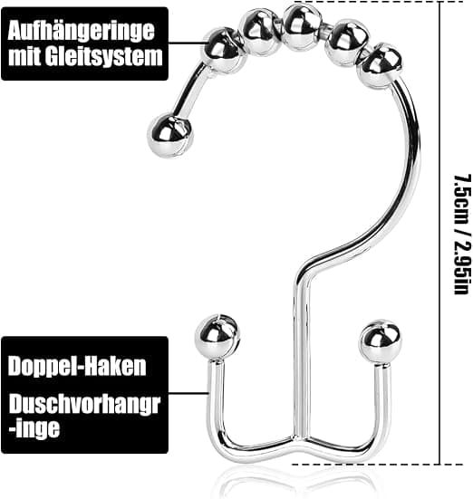 12-pack duschdraperiringar i rostfritt stål 78 mm x 36 mm dubbel H