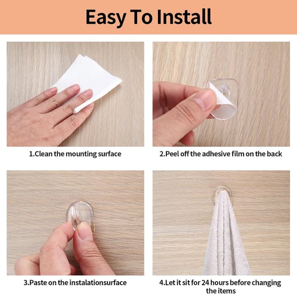 30 Transparent Adhesive Hooks, Extra Strong Self-Adhesive Hooks for Towels and Clothes, Wall Hooks Without Drilling