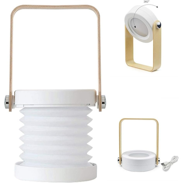 4-i-1 Vikbar Bordlampa, USB Utdragbar LED-lampa, Trähandtag Bärbar Lykta och Ficklampa, (Vit)