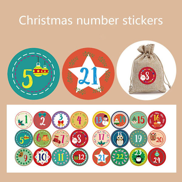 24 Pak Julekalender Stickers til Cookies, Slikposer og Gaveposer - Advent Nummer Etiketter A