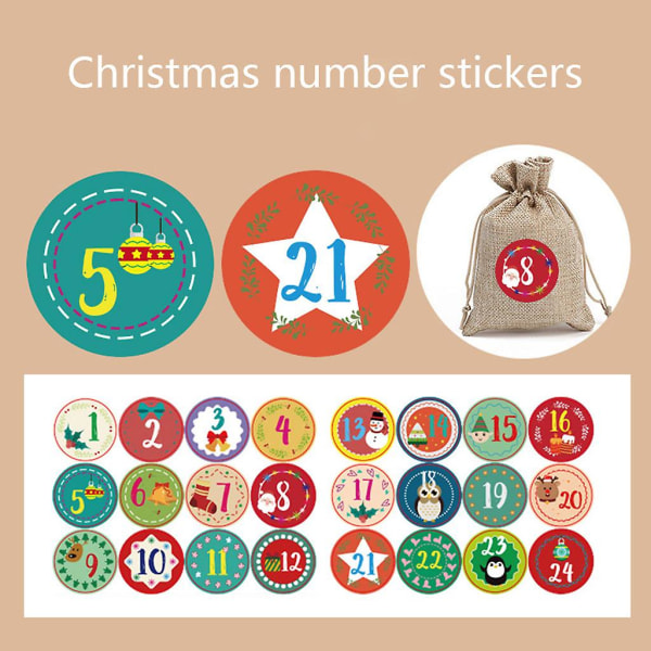 24 Pak Julekalender Stickers til Cookies, Slikposer og Gaveposer - Advent Nummer Etiketter C