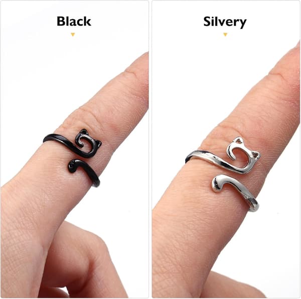 2 stk. hæklede ringe til fingergarnstyring og spændingsringe Sort og sølv katteører design passende
