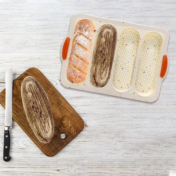 Bakeplate for French bread rolls, four compartments, non-stick silicone mold, for sandwich baguettes, mini tool set.