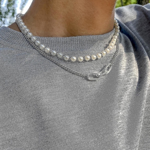 Hiphop Retro Imitations Pärl Halsband för Män, Vit K Set 2564Silver