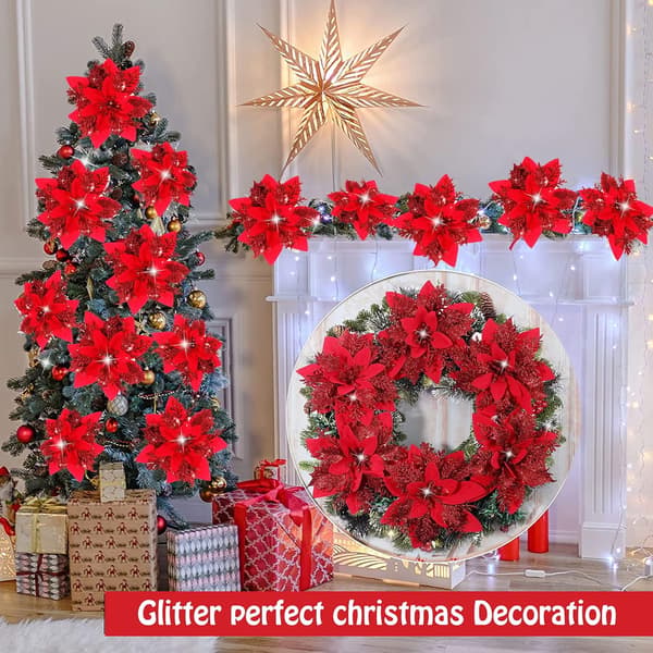 20 stk julepynt, kunstige juleblomster, glitter
