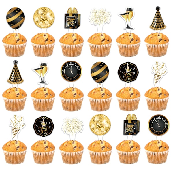 2 set Happy New Year Banner 2025 Guld och Svart Nyårsdekorationer Festtillbehör Tårta Cupcake Toppers för Nyårsafton