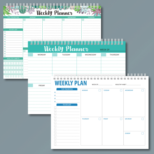 Ugentlig opgaveliste-notesblok, spiraludateret ugeplanlægning og månedlig kalenderplanlægningsnotesblok med tjekliste