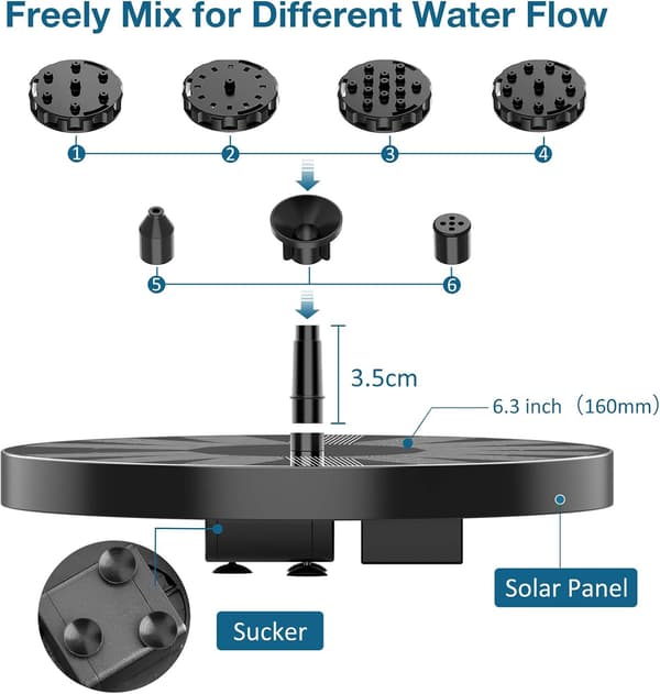 2,5W solfontän med solpaneler, flytande fontänpump