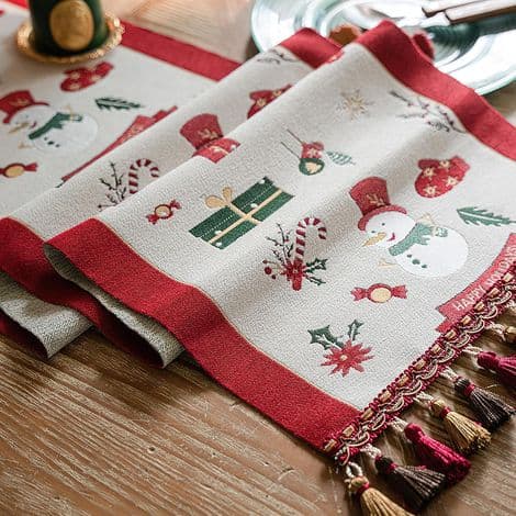 Christmas Table Runner - 35.5 x 177.8 cm - Red and White with Snowman and Snowflake Pattern - For Dining Room - 1 Piece