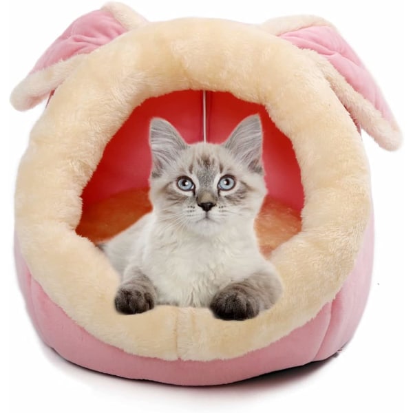Kattesenger for innekatter - Liten hundeseng med anti-skli bunn, kaninformet katte-/litenhundhule med hengende leke, valp