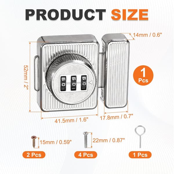 Combination Lock for Cabinets, 2-inch 3-Digit Keyless Metal Lock for Kitchen Cabinets, Lockers, and Sideboards, Silver