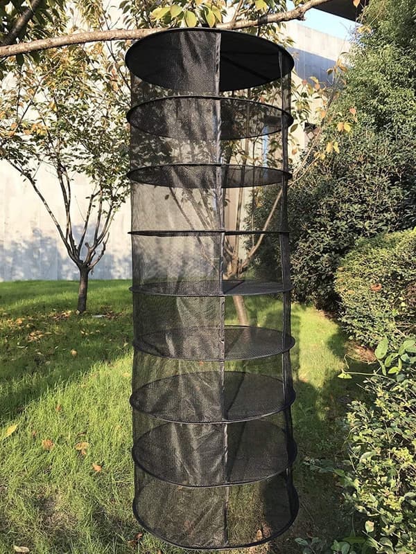Hanging Drying Rack for Herbs, 60 cm 8-Layer Foldable Hydroponic Drying Net with Mesh, S-Hook and Storage Bag, Black (D61 cm x H155 cm)