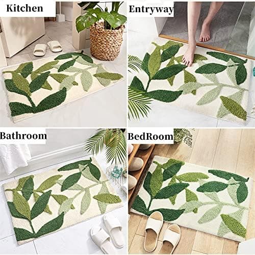 Bath Mat 40x60 cm, Absorbent Non-Slip Soft and Skin-Friendly Bathroom Mat Green Leaf Pattern